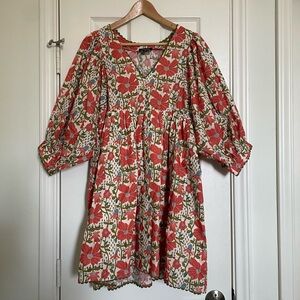 Gigio Coral Red Floral Puff Sleeve Mini Dress, size small